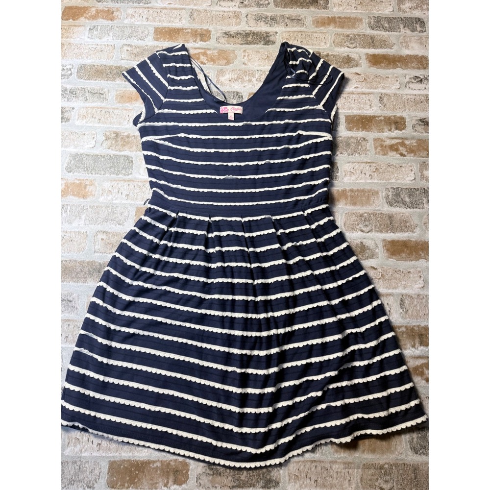 Candies Navy Blue White Striped Scallop Trim Fit and Flare Dress Large L